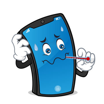 Smart Phone Mascot Holding Thermometer Feeling Hot