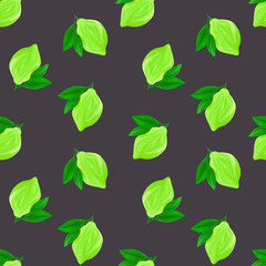 A seamless lime pattern on dark gray background. The seamless pattern of fresh citrus fruit lime with green leaves. Hand drawn gouache painting