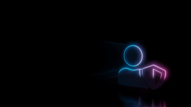 Abstract 3d rendering glowing blue purple neon symbol of user with shield with glowing outlines with rays on black background with reflection