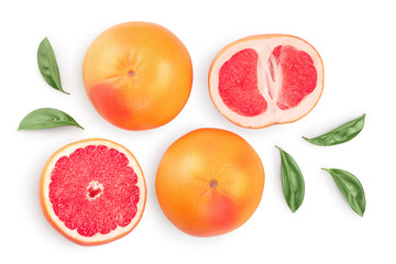 Grapefruit and slices with leaves isolated on white background. Top view. Flat lay. With clipping path and full depth of field