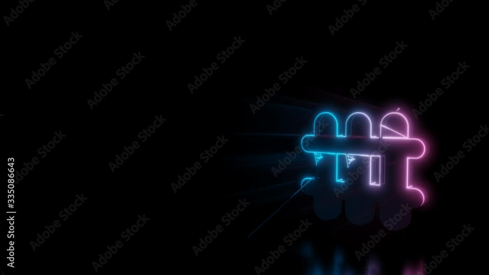 Poster Abstract 3d rendering glowing blue purple neon symbol of heating radiator with glowing outlines with rays on black background with reflection