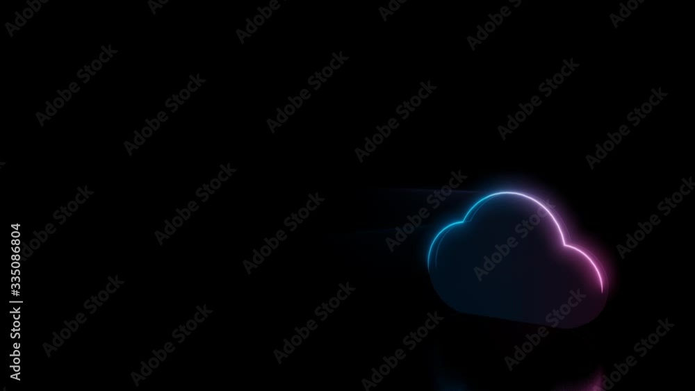 Poster abstract 3d rendering glowing blue purple neon symbol of filled cloud with glowing outlines with ray
