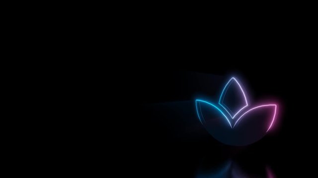 Abstract 3d rendering glowing blue purple neon symbol of lotus flower with glowing outlines with rays on black background with reflection