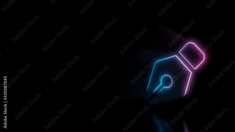 Poster abstract 3d rendering glowing blue purple neon symbol of pen nib with glowing outlines with rays on 