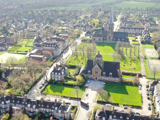 Aerial view of Hampstead Garden Suburb and St. Jude's Church, elevated suburb of London. UK