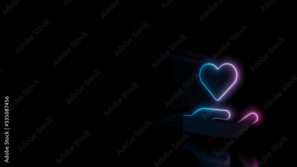 Poster abstract 3d rendering glowing blue purple neon symbol of hand holding heart with glowing outlines wi