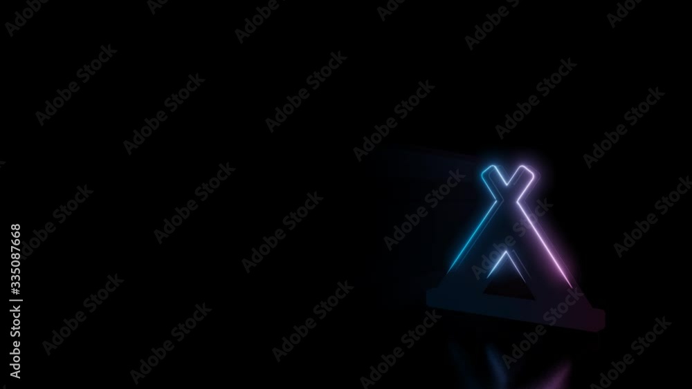 Poster abstract 3d rendering glowing blue purple neon symbol of campground with glowing outlines with rays 