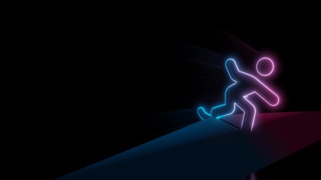 Abstract 3d rendering glowing blue purple neon symbol of snowboarding figure with glowing outlines with rays on black background with reflection