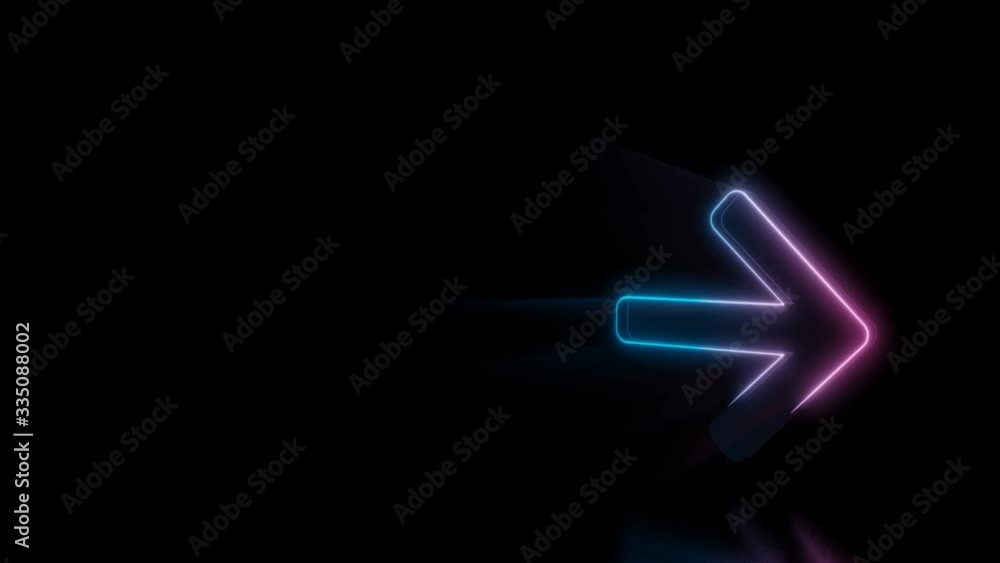 Poster Abstract 3d rendering glowing blue purple neon symbol of arrow right with glowing outlines with rays on black background with reflection