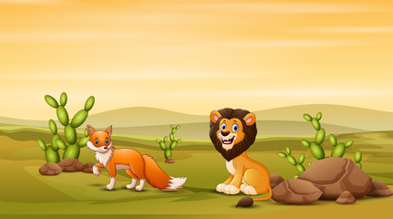 Lion and fox at the savanna illustration
