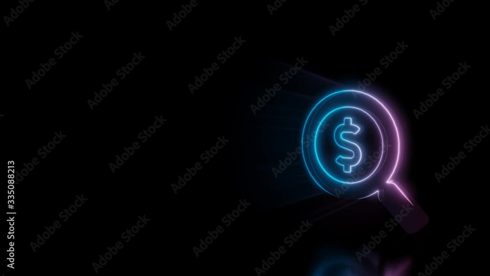 Poster abstract 3d rendering glowing blue purple neon symbol of magnifying glass with dollar with glowing o