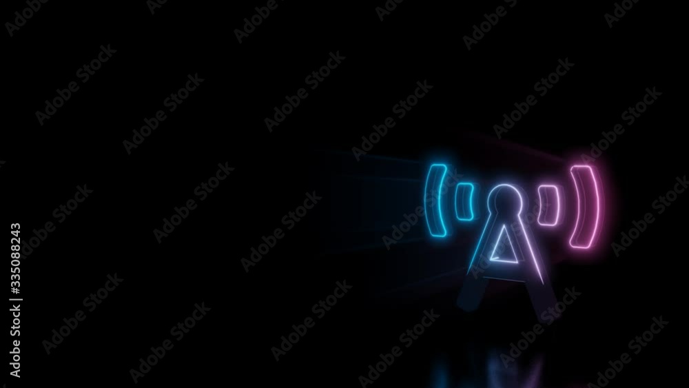 Poster abstract 3d rendering glowing blue purple neon symbol of broadcast tower with glowing outlines with 