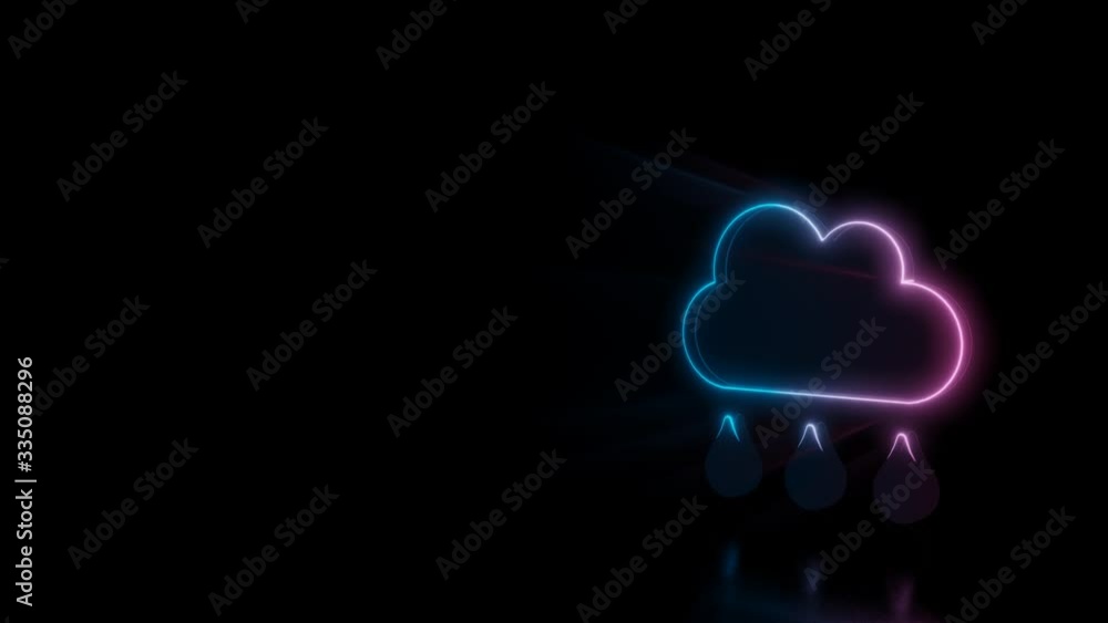Poster abstract 3d rendering glowing blue purple neon symbol of rain cloud with three drops with glowing ou