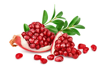 Pomegranate piece with leaf isolated on white background with clipping path and full depth of field.