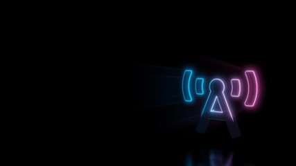 Abstract 3d rendering glowing blue purple neon symbol of broadcast tower with glowing outlines with rays on black background with reflection