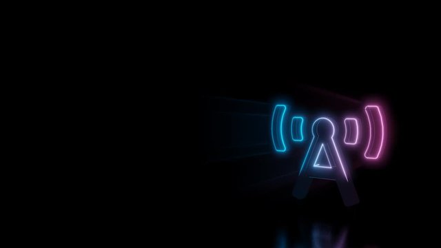 Abstract 3d rendering glowing blue purple neon symbol of broadcast tower with glowing outlines with rays on black background with reflection