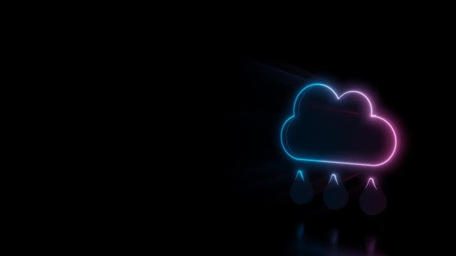 Abstract 3d rendering glowing blue purple neon symbol of rain cloud with three drops with glowing outlines with rays on black background with reflection