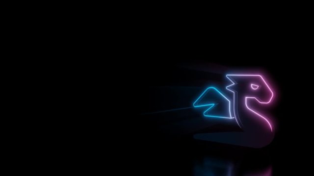 Abstract 3d rendering glowing blue purple neon symbol of fairy tale fury with glowing outlines with rays on black background with reflection