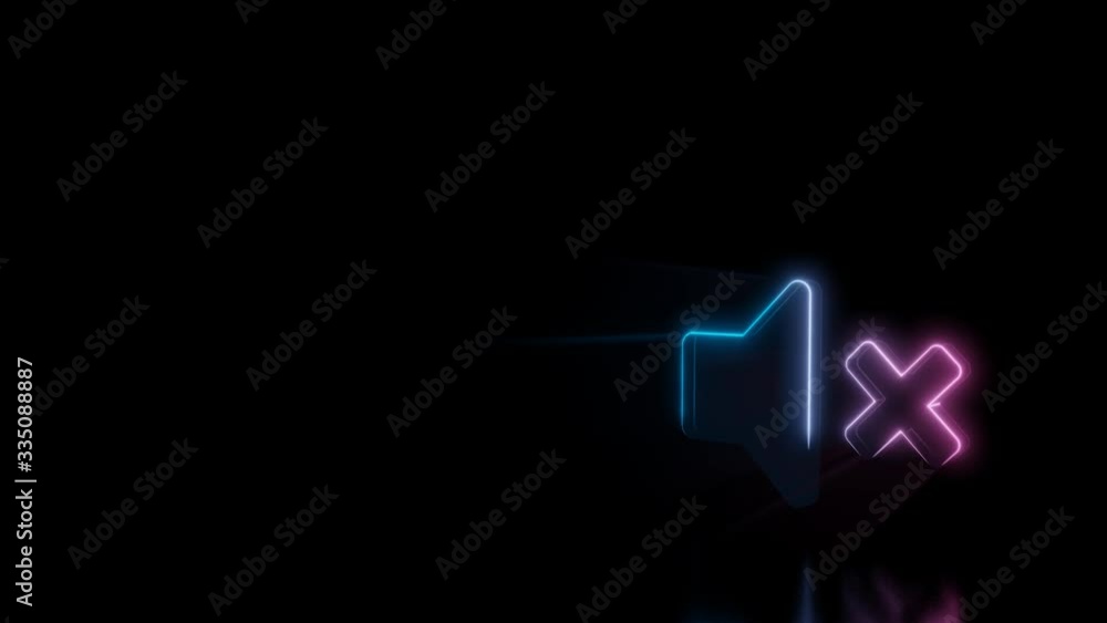 Poster abstract 3d rendering glowing blue purple neon symbol of speaker off with cross with glowing outline