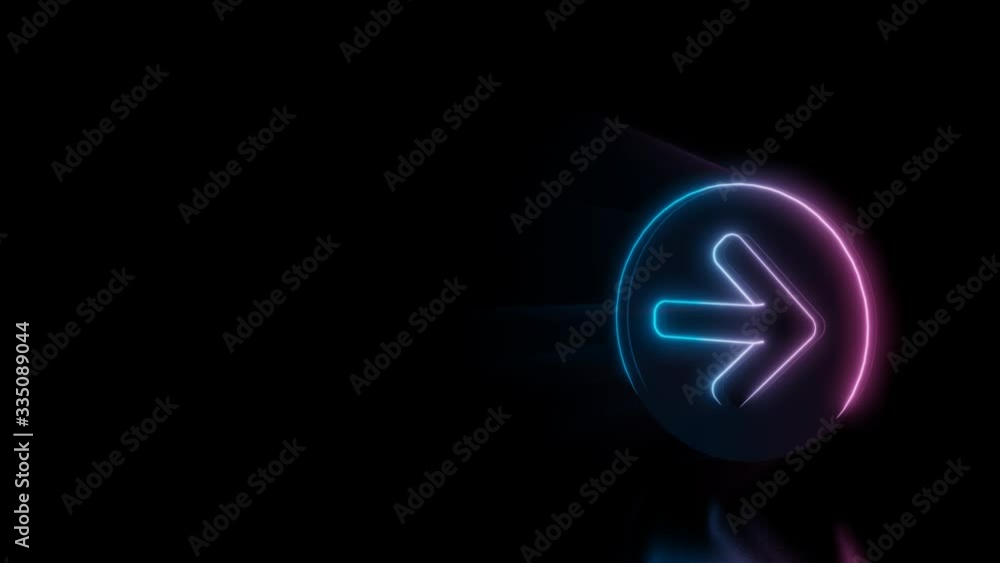 Poster abstract 3d rendering glowing blue purple neon symbol of open right rounded arrow in circle with glo