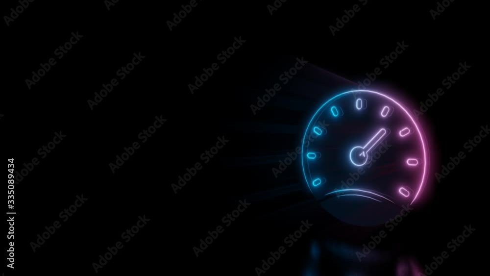 Poster abstract 3d rendering glowing blue purple neon symbol of stopwatch with glowing outlines with rays o