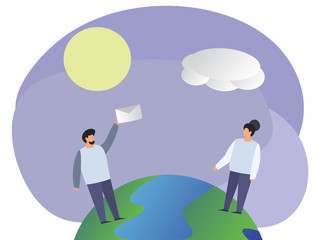 People (a couple or a family of men and women), space, earth. Conceptual graphics about