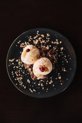 Ice cream dessert with chocolate top view