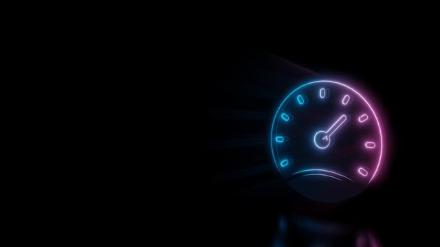 Abstract 3d rendering glowing blue purple neon symbol of stopwatch  with glowing outlines with rays on black background with reflection