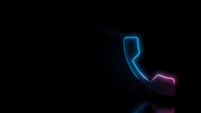 Abstract 3d rendering glowing blue purple neon symbol of phone call button with glowing outlines with rays on black background with reflection