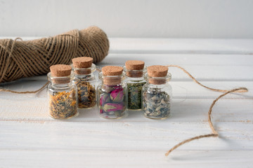 Homemade apothecary. Natural herbs medicinal. Dried herbs in glass jars.