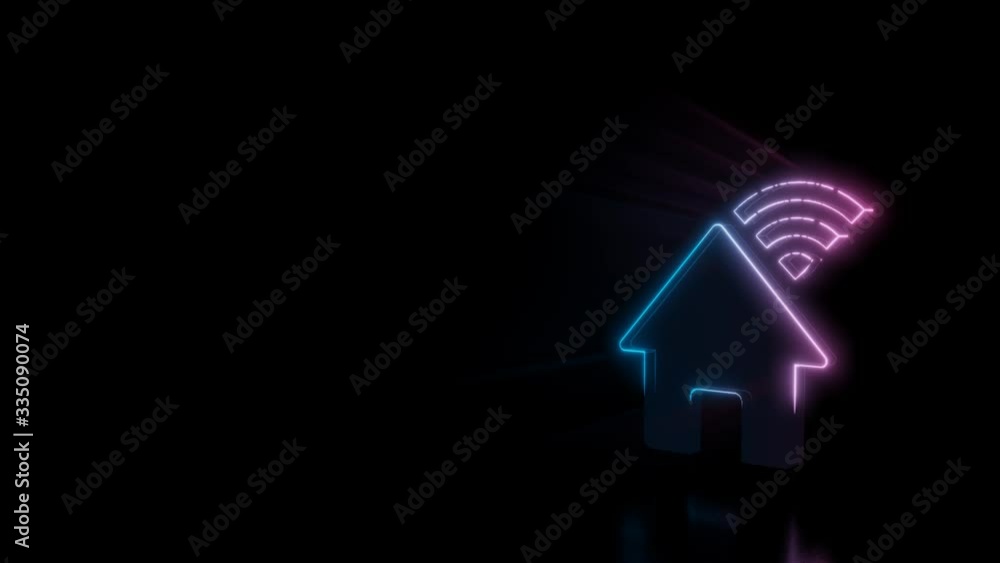 Poster abstract 3d rendering glowing blue purple neon symbol of house with signal wi-fi with glowing outlin