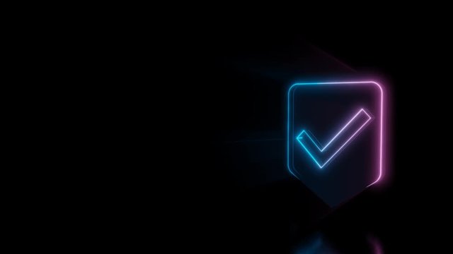 Abstract 3d rendering glowing blue purple neon symbol of been here marker with ok sign with glowing outlines with rays on black background with reflection
