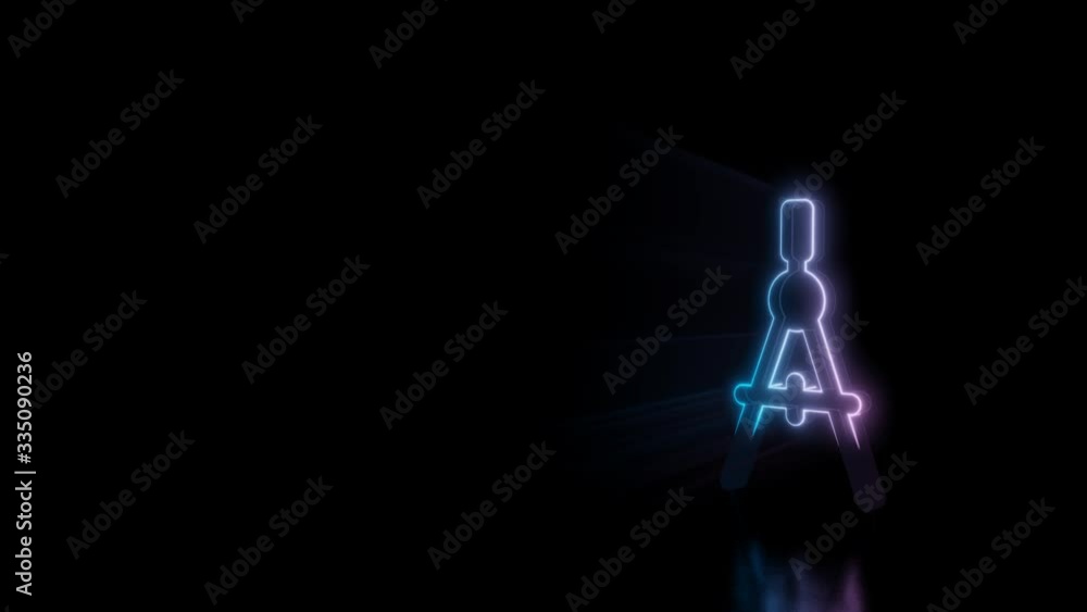 Poster abstract 3d rendering glowing blue purple neon symbol of drafting compass with glowing outlines with