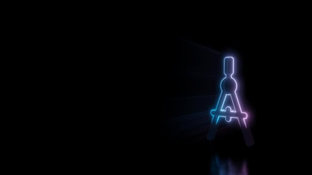 Abstract 3d rendering glowing blue purple neon symbol of drafting compass with glowing outlines with rays on black background with reflection