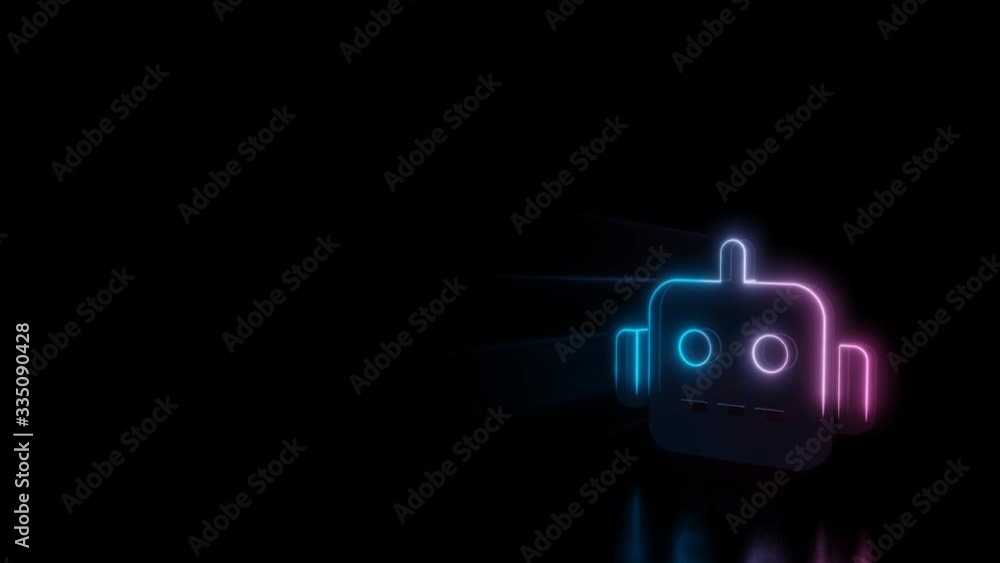 Poster abstract 3d rendering glowing blue purple neon symbol of robot head with glowing outlines with rays 