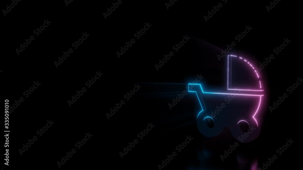 Poster abstract 3d rendering glowing blue purple neon symbol of baby stroller towards right with glowing ou