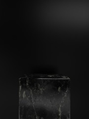 Minimalist black pedestal for product showcase. Geometric shapes.Marble texture. Empty stage. 3d render illustration