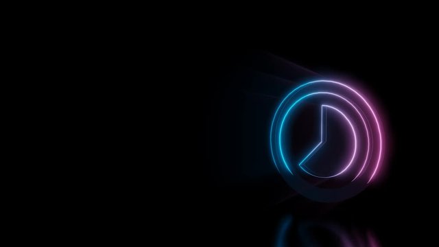 Abstract 3d rendering glowing blue purple neon symbol of camera lens with glowing outlines with rays on black background with reflection