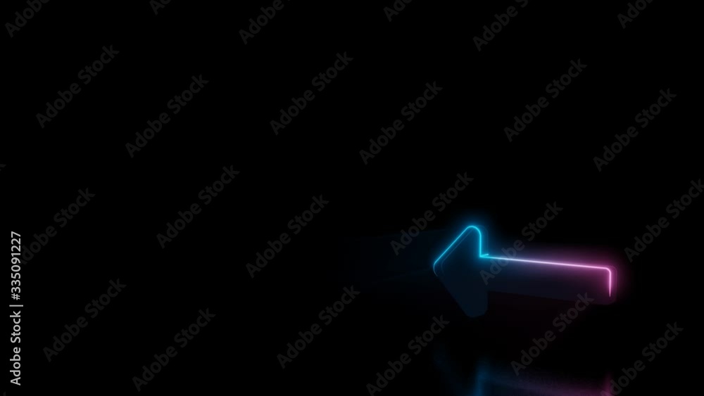 Poster abstract 3d rendering glowing blue purple neon symbol of long left arrow with glowing outlines with 