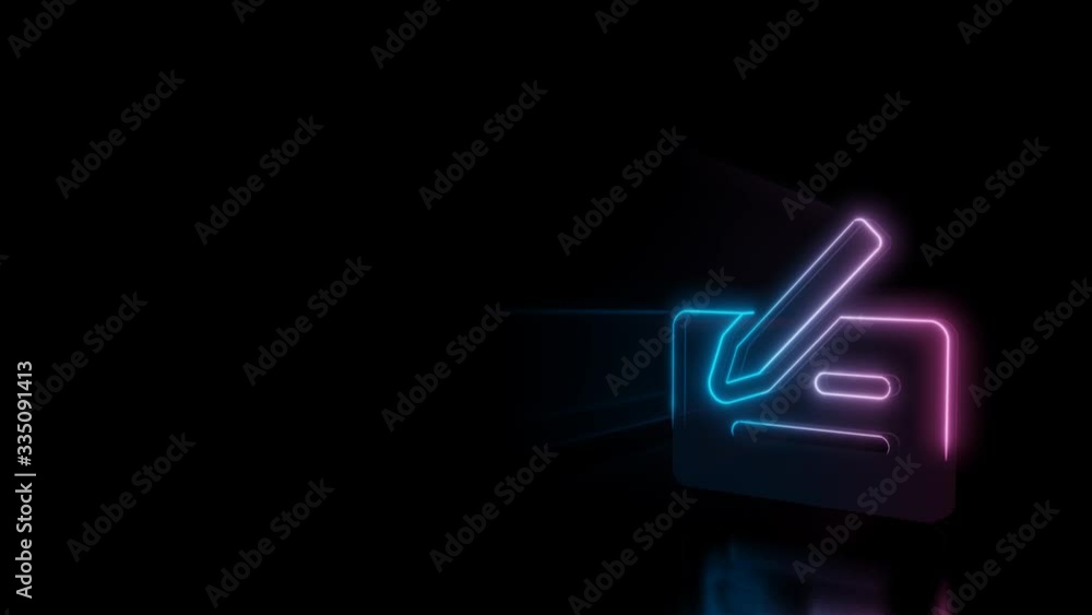 Poster abstract 3d rendering glowing blue purple neon symbol of bank cheque with pen with glowing outlines 