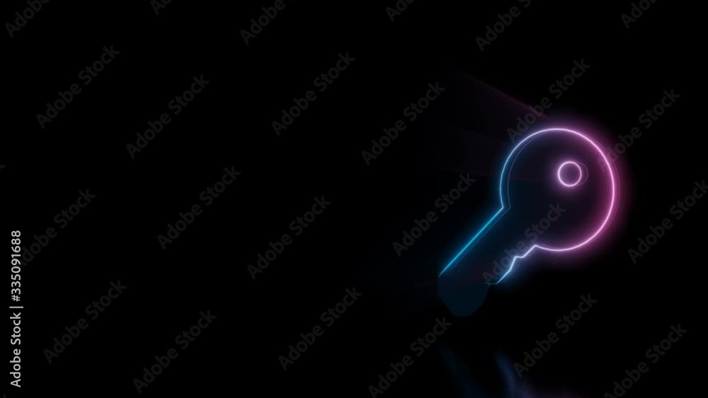 Poster abstract 3d rendering glowing blue purple neon symbol of key with glowing outlines with rays on blac