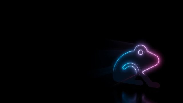Abstract 3d rendering glowing blue purple neon symbol of frog from profile with glowing outlines with rays on black background with reflection