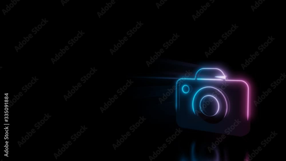 Poster abstract 3d rendering glowing blue purple neon symbol of photo camera with glowing outlines with ray