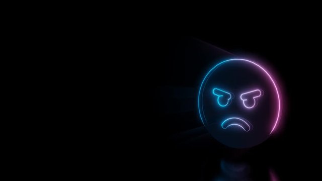 Abstract 3d rendering glowing blue purple neon circle angry emoticon with glowing outlines with rays on black background with reflection