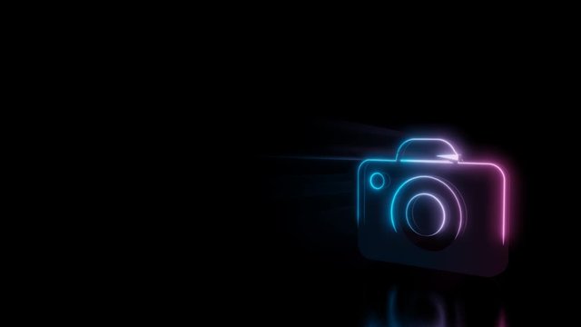 Abstract 3d rendering glowing blue purple neon symbol of photo camera with glowing outlines with rays on black background with reflection