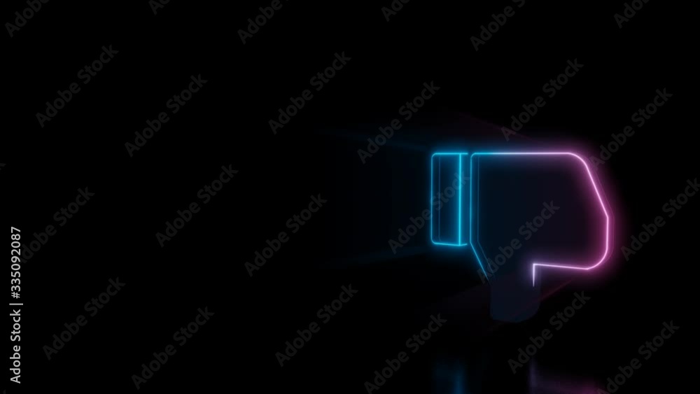 Poster abstract 3d rendering glowing blue purple neon symbol of thumbs down with glowing outlines with rays