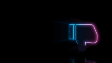 Abstract 3d rendering glowing blue purple neon symbol of thumbs down with glowing outlines with rays on black background with reflection