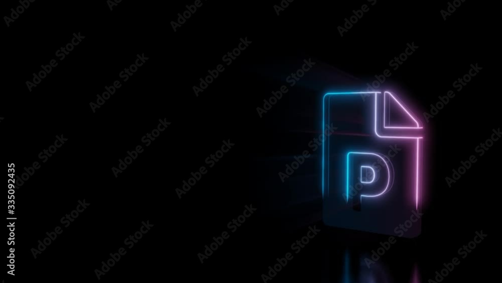Poster abstract 3d rendering glowing blue purple neon symbol of paper with bent corner and p letter with gl