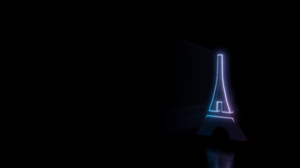 Abstract 3d rendering glowing blue purple neon symbol of Eiffel tower with glowing outlines with rays on black background with reflection - Powered by Adobe