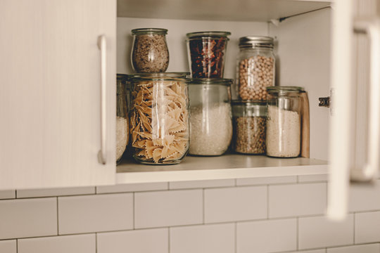 Kitchen Storage Organization. Zero Waste, Plastic Free. Pasta, Grains In Glass Jars. Organic Food. Home Cooking. Pantry Food Cabinet. Nutrition Food. Glass Containers. Food Preparation. Stay Home.